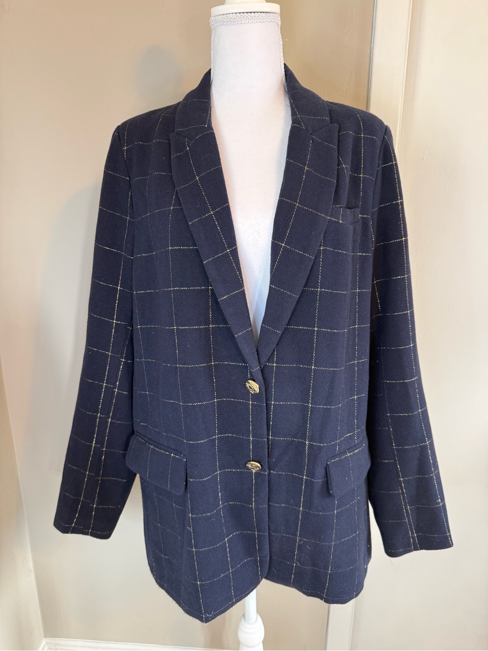 Draper James RSVP Navy Blue Gold Windowpane Plaid Double Breasted Blazer XL
